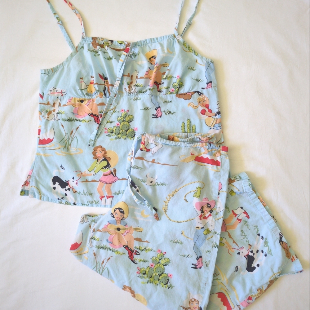 Vintage Nick & Nora Small Cowgirl Pajama Set Cotton Capri Pants Camisole 2000s